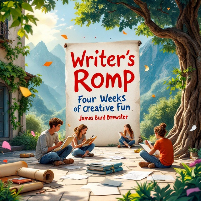 A picturesque outdoor courtyard set against a backdrop of majestic blue-hued mountains. Teens are scattered across the courtyard in different poses of creative expression – some writing on scrolls, others jotting notes on paper with pens or pencils. A bright daylight ambiance bathes the courtyard, while fluttering papers and an old-fashioned scroll lie in the foreground. A large tree offers partial shade, with tendrils of ivy climbing up its roots. A sense of fun and creativity is emphasized with playful swirls of light leading to the horizon.