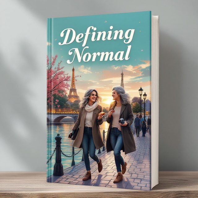 The cover features a serene and vibrant illustration of two stylish, gray-haired women walking along the Seine river in Paris at sunset. The Eiffel Tower is subtly placed in the background, with its golden lights glowing, while a cobblestone riverside walkway creates depth in the foreground. The Seine reflects the turquoise hue of the sky, creating a visual symmetry. Both women are laughing, one holds a croissant, and the other carries a camera, emphasizing their sense of adventure and fun. Scattered in the background are Parisian landmarks like the Pont Alexandre III Bridge and classic lampposts, which add a travel motif.