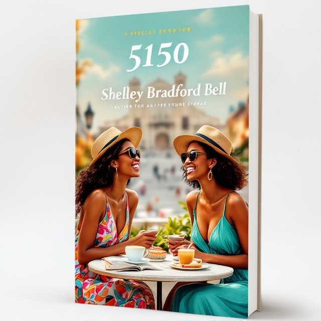 The cover features two vibrant and youthful African-American women, laughing and enjoying their time at an outdoor cafe at the base of the Spanish Steps in Rome. The background showcases the iconic Spanish Steps, bathed in the golden glow of a late summer afternoon. The women are dressed elegantly in flowing, colorful summer dresses – one in rich turquoise accents – accessorized with sunglasses and chic hats. The table features a cappuccino, a dessert, and an open guidebook or map. Around them, gentle pops of greenery, and warm sunlight bring a cheerful and adventurous tone. A subtle outline of Rome’s skyline enriches the upper part of the cover, fading into a bright turquoise gradient.