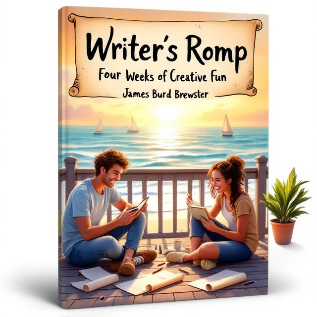 Teenagers are sitting casually on the wooden deck of a beachside house, laughing and joyfully writing in notebooks. Behind them, a serene ocean scene features calm waves and sailboats gliding in the distance. A warm, golden sunset bathes the illustration in soft light. Scattered writing tools (pens, pencils, and scrolls of writing paper) are placed naturally around the teenagers. A lush green potted plant sits on the deck railing. The title is written on a scroll that hovers slightly above the scene with playful curls.