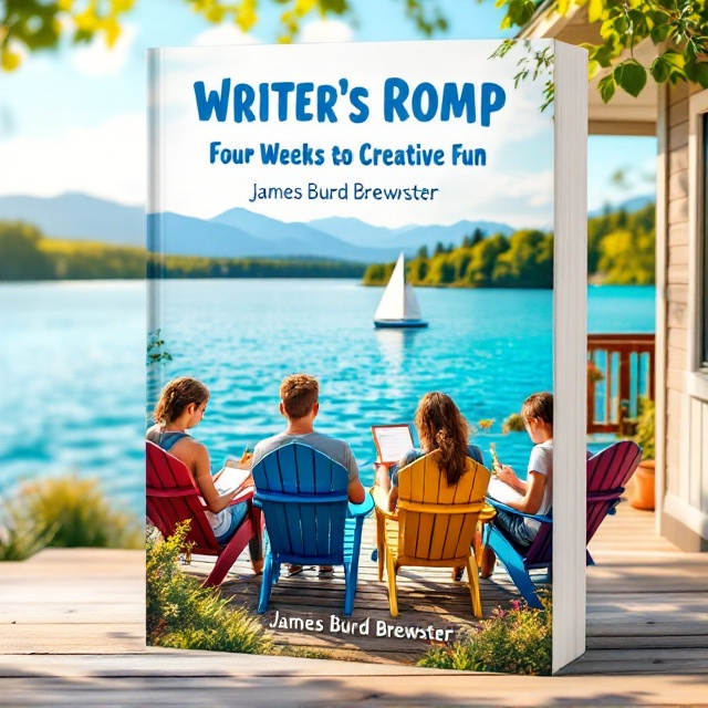 A serene lakeside scene featuring three teenagers lounging on colorful Adirondack chairs placed on the wooden deck of a cozy house. The house is partially visible, showcasing its warm charm. Each teenager is intently writing in a notebook or sketching with a pen or pencil. In the background, Split Rock is beautifully showcased, with the shimmering waters of Lake Champlain stretching across the foreground. A small white sailboat glides on the water. Across the lake, the Green Mountains create a majestic silhouette. The scene is drenched in a warm, late afternoon light with shades of vibrant blue taking prominence in the water and sky, complemented by accents of green and earth tones.