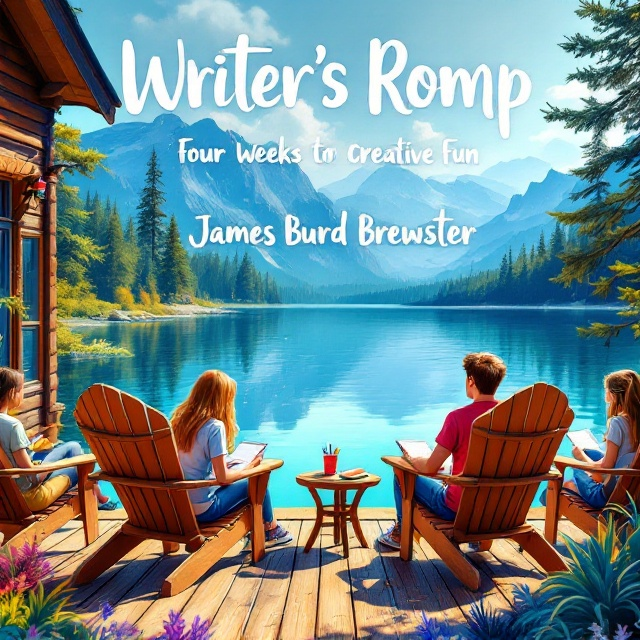 A vibrant illustration of four teenagers sitting on Adirondack chairs arranged in a semi-circle on the deck of a cozy, rustic lake house. The lake sparkles in the background, reflecting the towering mountains and tall pine trees that frame the scene. Each teenager is engaged in writing, with notebooks and colorful pens or pencils in hand. The atmosphere is relaxed and creative, captured with a playful color palette dominated by rich blues (for the lake and sky), greens (for the trees), and splashes of warm hues like yellows and oranges. A few writing tools (like pens and pencils) are scattered on a small wooden table at the center of the group.