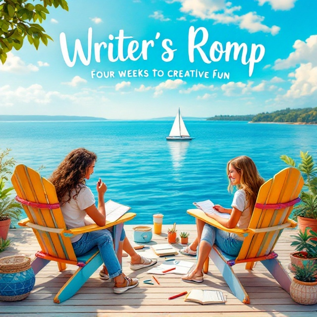 Teenagers seated on colorful Adirondack chairs with a mix of notebooks, journals, pens, and pencils scattered around them. The scene shows them smiling and writing, with an expansive view of calm blue water in the background. A single white sailboat glides in the distance under a bright sky with scattered clouds. The deck of the beach house features light wood tones, and there are touches of greenery around, such as potted plants.