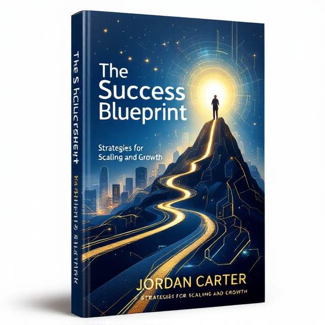 The cover showcases a deep blue background with a skyline of futuristic skyscrapers faintly etched in gold, symbolizing ambition and growth. At the center, a bold upward-moving bar graph in gold and white, intertwined with a winding road, leads to a glowing peak at the top-right corner. On this peak stands the silhouette of a person looking confidently toward a bright, dynamic horizon that merges abstract futuristic elements like geometric shapes and sleek light streaks symbolizing innovation.
