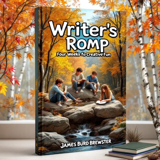 The cover displays three teenagers sitting on a large rock outcropping amidst a serene autumn forest. A vibrant stream flows below them, partly blocked by a detailed beaver dam. The teenagers are engrossed in writing on journals one leaning against a sugar maple tree with bright orange leaves, another sitting cross-legged while writing with a pencil, and the third lying on their stomach on the rock with a pen in hand. In the background, a mix of birch and sugar maple trees with golden and red fall leaves adds texture and depth to the scenery. The sunlight filters through the branches, creating playful patterns of light and shadow.