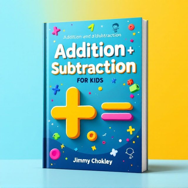 A playful yet structured design featuring a clear blue background with a gradient transitioning from light blue at the top to a deeper blue at the bottom. A bold oversized "+" and "-" symbol are placed centrally, surrounded by colorful math symbols (like numbers, dots, and small shapes) scattered like falling objects. On the top portion, a simple outline of a smiling child solving equations is subtly sketched in white, adding a learning-focused emotion.