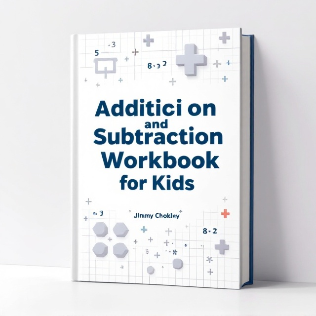 The cover features a clean and minimal aesthetic with geometric shapes such as plus (+) and minus (−) symbols forming patterns across the top and middle of the book while fading into the white background. A grid-style design is used in the background to suggest structure and mathematics. The book title, in bold, stands central, surrounded by illustrated equation marks like "5+3=" and "8−2=" in light gray to create depth but not detract from the primary focus. The author's name sits at the bottom center in a smaller font.