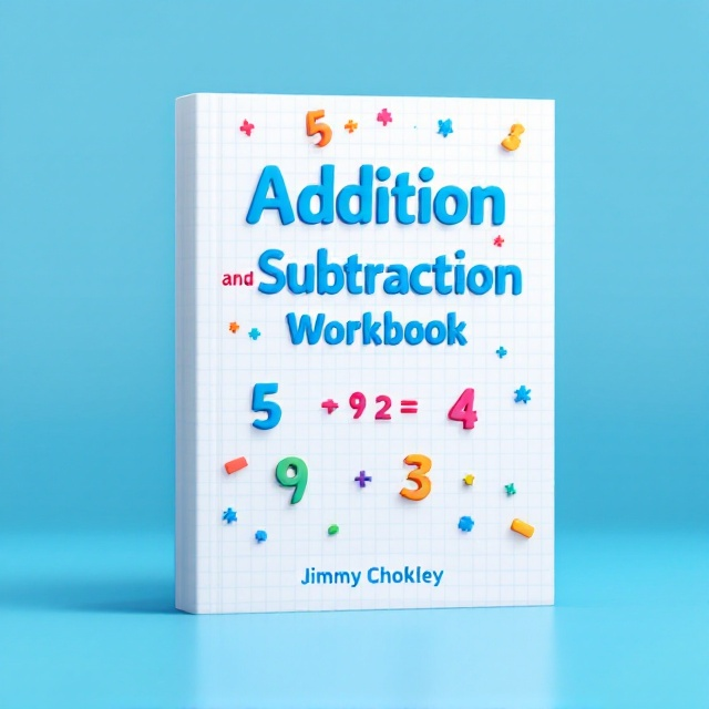 A clean white background with a blue gradient transitioning from the bottom up. Displayed at the center is a subtle grid design that mimics a lined sheet of paper. Floating above are bold, colorful mathematical symbols (+, -, =) and simple examples such as “5 + 2 =” or “9 - 3 =”. The symbols and numbers have a 3D shadow effect to make them pop.