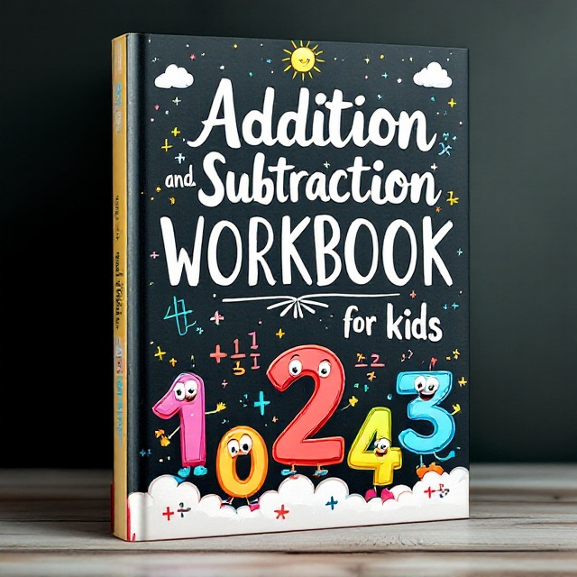 A bright and playful cover with a colorful chalkboard background. On the foreground, there are cartoon-style numbers with smiling faces engaging in fun activities such as holding hands, jumping, or solving equations. The top half of the cover features a lively, playful sun peeking through fluffy clouds. Surrounding the numbers are doodles of addition and subtraction signs.