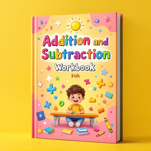 The cover features a vibrant illustration of a child sitting at a colorful desk surrounded by oversized, playful addition and subtraction symbols (+ and -). The background is a gradient of bright yellow and soft pink, evoking a sense of energy and warmth. Around the edges of the design are fun doodles like stars, books, and pencils. A happy cartoon sun sits atop the title.