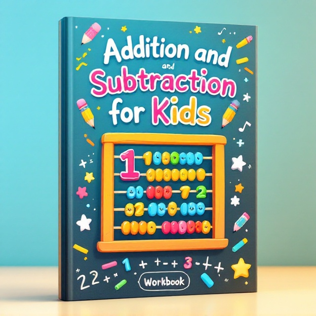 The cover features a bright, playful background, with vibrant colors like sky blue and sunshine yellow. A large, cheerful cartoon abacus is positioned near the center, surrounded by smiling numbers (e.g., '1', '2', '3') that seem to bounce off the page. Cute icons such as pencils, erasers, and stars frame the borders. At the top, the title occupies a playful curve, while a subtle chalkboard with mathematical symbols (+, -) overlays the bottom corner, giving an academic yet whimsical vibe.
