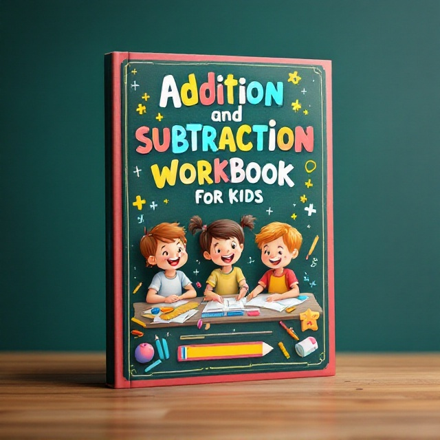 A vibrant and playful design featuring a colorful chalkboard background with hand-drawn addition and subtraction symbols (e.g., plus, minus) scattered around the cover. In the center, there is an illustration of cheerful children solving math problems, surrounded by educational tools such as rulers, pencils, and erasers.