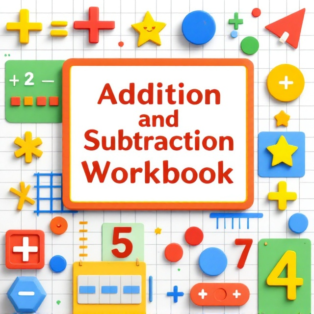 A clean, structured design featuring a colorful, flat 2D grid in the background. The cover includes playful, oversized numbers “+” and “-” symbols arranged across the page to represent addition and subtraction visually. Bright, high-contrast colors like red, blue, yellow, and green are used to appeal to children while maintaining a serious yet cheerful tone. Simple geometric shapes (circles, squares, triangles) are scattered for visual interest. The title is centrally aligned, encased in a large rectangle with bold border elements, providing a strong focal point.
