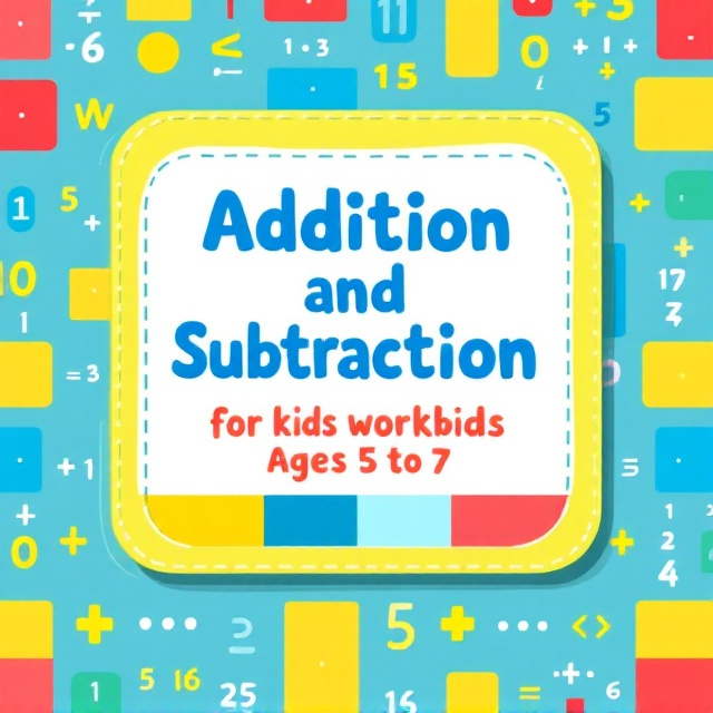 A bright, colorful cover with a flat, 2D design style. The background features a repeating pattern of numbers and mathematical symbols (+, −, =). In the center, a large, friendly outlined square is filled with a checkerboard of vibrant colors (e.g., yellows, reds, blues, and greens). The title sits inside the square, and a subtle border of dashed lines surrounds the central shape, resembling a worksheet or workbook.