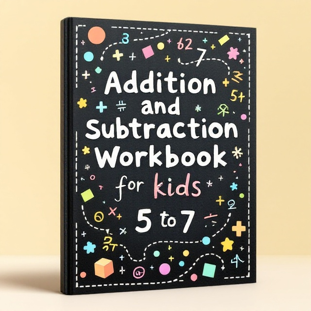 The cover features a vibrant chalkboard-style background with a playful combination of numbers, plus (+), and minus (−) symbols, along with simple geometric shapes (circles, squares, triangles) and child-like doodles in multiple pastel colors such as yellow, blue, green, and pink. A dashed or dotted path weaves and connects between the numbers and symbols, creating an interactive flow. An oversized "5 to 7" is highlighted to grab attention, with math doodles radiating from it.