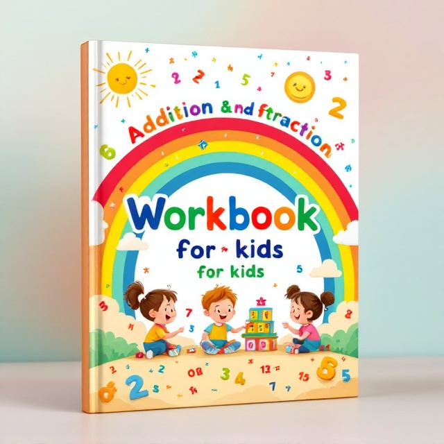 A vibrant, playful background featuring colorful numbers and mathematical symbols scattered across the cover. A charming cartoon illustration of kids (ages 5-7) joyfully solving math problems under a rainbow arch. The rainbow is subtly integrated with number patterns and equations. A large, cheerful sun beams down on the scene, symbolizing positivity and learning.