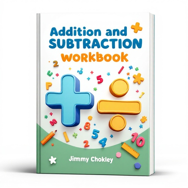 The background transitions from a smooth gradient of white at the top into a light, playful blue toward the middle and green at the bottom. The centerpiece is a large, colorful "plus" (+) and "minus" (-) sign interlocked as if they are part of a puzzle, symbolizing addition and subtraction. Around these symbols are scattered 2D shapes like playful flat pencils, erasers, rulers, and small bright numbers (1-10) that resemble stickers.