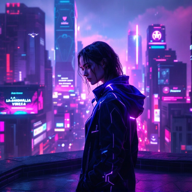A cyberpunk-inspired cityscape dominates the background, bursting with neon violets, blues, and reds under a rainy sky. Holographic billboards flicker with messages and ads, while several surveillance drones hover ominously in the air. The lone female figure is positioned centrally on a rooftop, slightly off to the left for visual balance. She is dressed in a sleek high-tech jacket with glowing lines accentuating the fabric. Her determined, sharp eyes peek through strands of wet hair, and her silhouette is partially veiled by glowing mist caused by the neon city's lights reflecting off the rain. The small USB drive in her hand glows with an ominous light, and in the hazy background, the towering glass buildings of OmniCorp rise, their logo subtly etched onto one skyscraper.