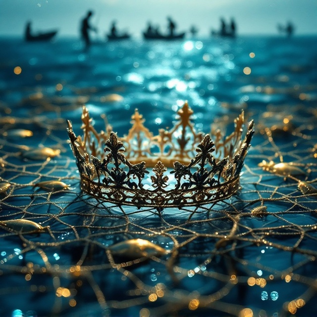 A serene ocean scene with a deep azul-mar background. In the center, a delicate yet regal queen's crown is interwoven with a fishing net, its threads glinting as if catching the golden glow of sunlight. Around the net, silhouettes of fishermen, small wooden fishing boats, and glistening fish create a harmonious tapestry evoking a historical epic steeped in maritime tradition.
