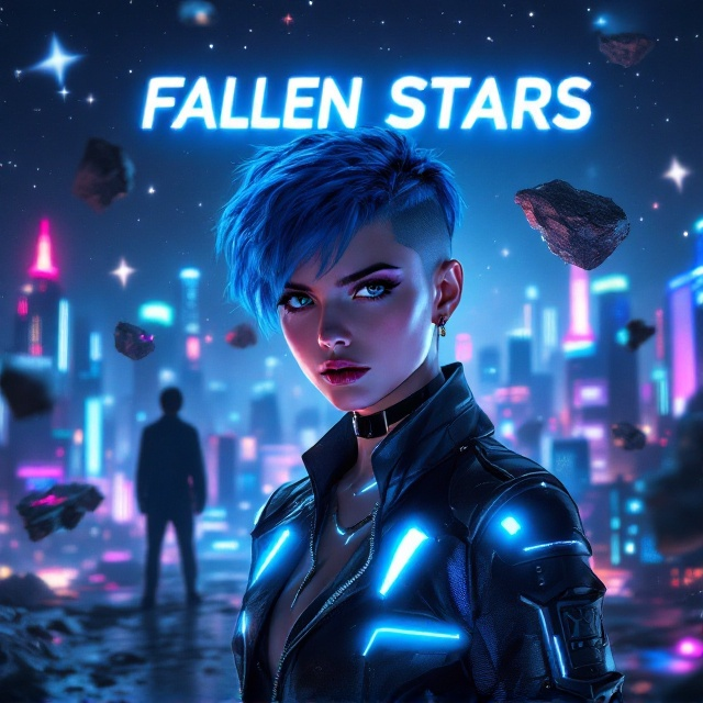 A teenage girl with chopped blue hair is centered in the foreground, donned in a sleek and edgy futuristic outfit with glowing accents. Her expression is fierce yet vulnerable. Behind her is a sprawling futuristic cityscape with towering skyscrapers, neon lights piercing through a dark sky tinged with faint starlight. Floating debris and glowing fallen stars scatter across the scene, creating an ethereal and melancholic atmosphere. A faintly visible silhouetted figure in the background adds an air of mystery.