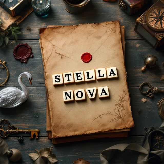 An old, weathered tabletop is the background. To the left, a vintage letter rests diagonally, marked by a striking red wax seal in the center. Surrounding the letter are scattered items an aged compass, an ornate glass swan shimmering in faint light, and an old key with intricate detailing. The title "STELLA NOVA" is placed over the letter. "STELLA" is spelled out with Scrabble tiles arranged in a staggered line, and "NOVA" is elegantly inscribed directly onto the letter's surface in faded vintage ink. Everything is lit in moody shadows with subtle highlights to create depth.