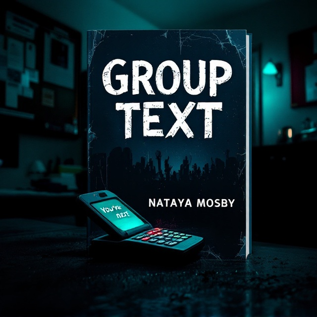 The cover showcases a dimly lit dorm room at night, viewed through a slightly cracked open door. A 1996-era flip phone sits on the edge of a desk with its screen glowing ominously, displaying the words *"You're next."* The room's shadows form unsettling abstract patterns, hinting at hidden dangers. An old university bulletin board, partly in view, anchors the setting in a university environment. The background is dominated by dark tones—deep blues, blacks, and faint sepias for contrast—while the phone emits an unsettling green glow.
