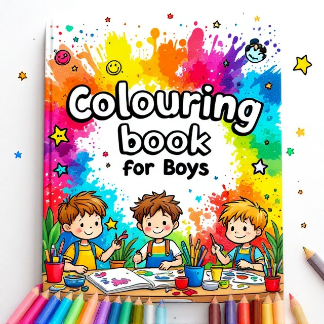 The background features a vibrant gradient splash of all rainbow colors, with playful illustrations of animated boys enjoying different creative activities like painting, drawing, and coloring. Bright and cheerful cartoon-style illustrations fill the background, with outlines that convey a "coloring book in action" look. Some parts of the background illustrations are left uncolored to evoke the spirit of a coloring book. Center front and bold, the title *"Colouring Book for Boys"* stands out, surrounded by small doodles such as stars, smiley faces, and markers to create a playful vibe.