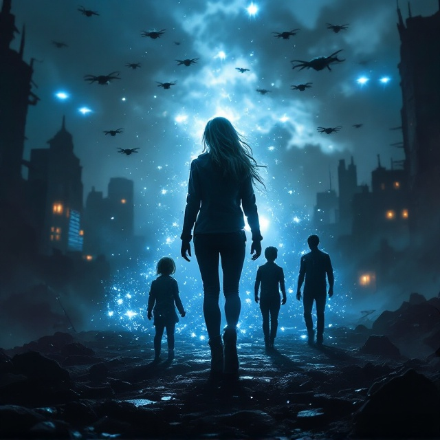The cover features a dark, ominous sky filled with hovering drones emitting a cold blue light, casting a surreal glow over a destroyed city. In the foreground, a teenage girl with light brown hair and piercing blue eyes stands with her hands raised, surrounded by an aura of energy signifying her telekinesis. Outlines of a child, a teenage girl, and a teenage boy are faintly visible behind her, signifying the progression of her life and mission. Silhouettes of men in unsettling spider-like suits appear in the background, their shapes distorted by the shadows of the destroyed cityscape.