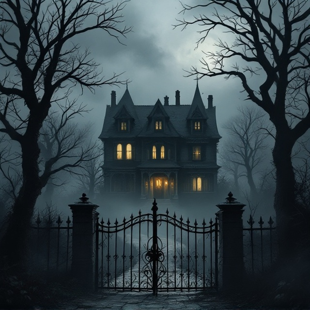 An eerie, shadowy illustration of the Blackwood Manor looms in the center of the cover, emerging from a dense, swirling fog. The house shows cracked windows and a tilted rooftop, hinting at its haunted nature. Bare, gnarled trees frame the manor on both sides, their branches twisting ominously into the gray, overcast sky. Dim, glowing lights seep through the cracks of the boarded windows, suggesting an unsettling presence within. In the foreground, an iron gate covered in rust and overgrown with vines adds an additional layer of foreboding. Fog swirls through every element, almost blending the house into the misty background.