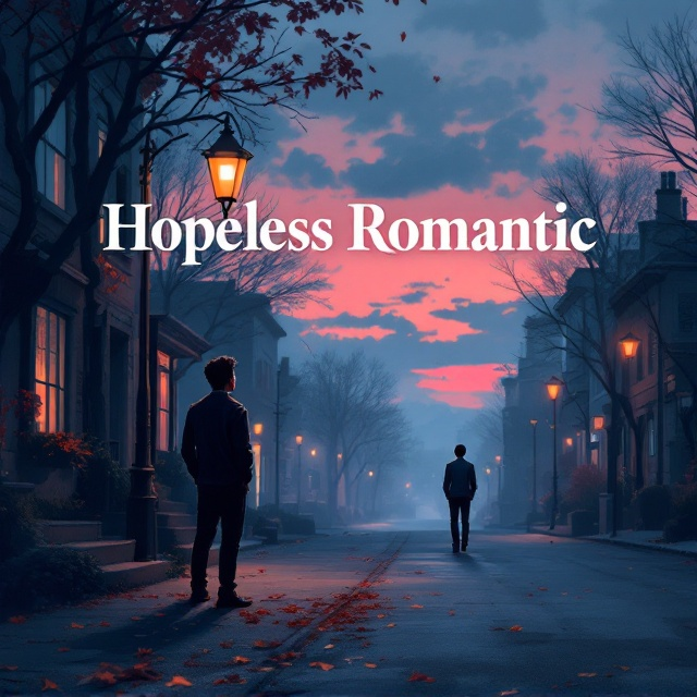 A dimly lit street at dusk with soft pink and blue hues in the sky, symbolic of love and melancholy. A young Mexican man, standing on one side of the street under a flickering streetlamp, gazes longingly across the dim light to a white man walking away, his figure fading into the distance. The setting is punctuated with details like fallen autumn leaves on the ground, adding a subtle layer of melancholy.