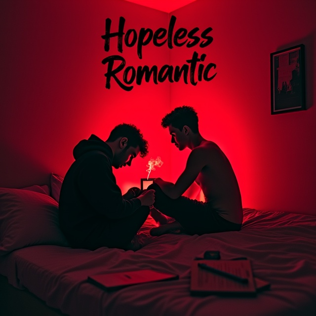 The cover features an atmospheric bedroom with dim red LED lighting casting a sultry glow over the scene. Two young men are the primary focus one sits casually on the bed wearing a black hoodie, exuding a distant and pensive vibe, while the other leans against the wall beside him, shirtless, with wisps of smoke curling in the air. The room is minimalist but striking, with scattered details such as a few books, a lighter, and scattered papers for a laid-back yet intimate aesthetic. The background is a gradient of deep red fading to dark shadows, enhancing the mood.