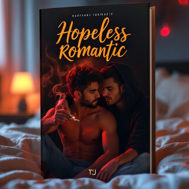 Two young men are the central focus of the cover, positioned on the lower half of the page. One man sits on the bed, shirtless, his body language conveying a sense of vulnerability, while the other reclines slightly, wearing a black hoodie that conceals part of his face. They are surrounded by swirls of smoke that trail from a lit joint in the hoodie-wearing man's hand. The red LED lights cast a dark, passionate glow across the scene, bathing the walls and the characters in hues of red and shadow—a mix of intimacy and melancholy. In the background, soft, indistinct shapes of furniture (a lamp, a nightstand) are visible but blurred, keeping the focus on the pair.