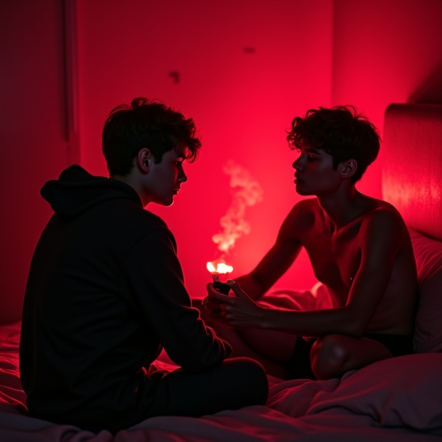 The cover depicts a dimly lit bedroom. The background is consumed by a moody red haze, giving off a smoky, ethereal vibe. Two young male teenagers are at the center of the composition. One is sitting on the edge of the bed, wearing a black hoodie with his hood up, looking contemplative. The other boy is leaning against the wall, shirtless, and peering into the distance. There’s a faint red glow emanating from a lit joint between them, adding subtle tension to the scene. The details focus on their emotions, facial expressions, and the languid, introspective mood. A faint grayish smoke curls up and merges into the red haze in the background.