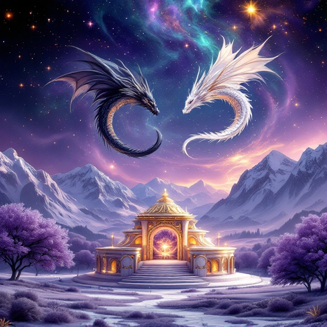 A cosmic background featuring swirling galaxies in shades of deep purple and midnight blue, accented with flecks of shimmering golden stardust. A pair of dragons—one black, edged with silver accents, and one white, glowing with gold undertones—circle each other mid-flight near the upper center of the composition. Below them, a sprawling landscape unfolds with snow-capped purple mountains in the distance, a grove of trees with vibrant purple canopies, and lush grassy meadows bathed in faint golden light. Dominating the foreground is an ethereal white and gold rotunda with a reflective golden cap, its marble surface showing subtle carvings of celestial patterns.