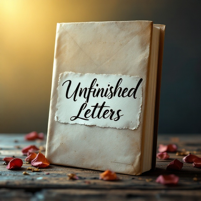 A weathered envelope resting atop an old wooden table, surrounded by faded ink stains and dried rose petals. The envelope appears partially opened with a handwritten letter emerging, its edges slightly curled. The background fades into a soft gradient of warm yellows and deep blues, evoking dusk.