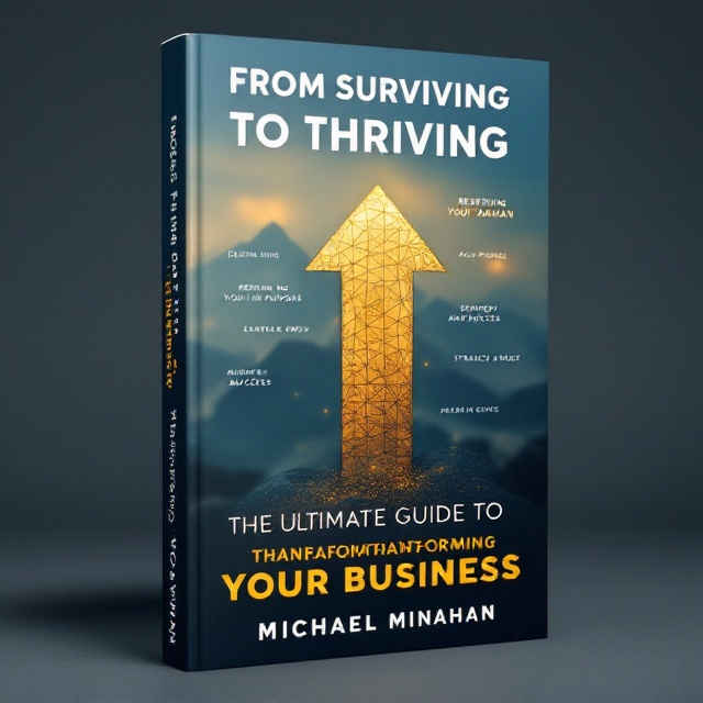 A bold, upward arrow made of geometric patterns dominates the center of the cover, symbolizing growth and success. A subtle background gradient transitions between shades of blue and gold, representing evolution and profitability. Key phrases like “Redefining Your Purpose” and “Strategy and Success” are subtly integrated in a semi-transparent layer in the background.