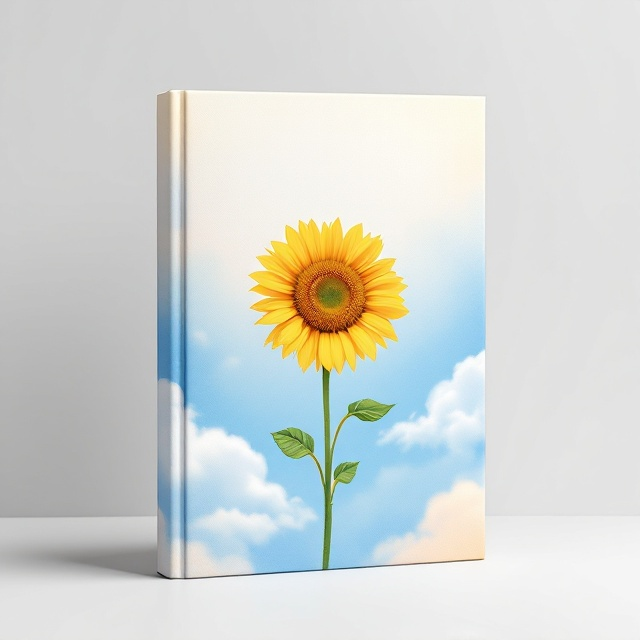 A bright, clear-blue sky fading into soft white clouds forms the background. A blooming sunflower takes center stage, symbolizing positivity and hope. A subtle textural overlay of soft brush strokes enhances a serene feeling.