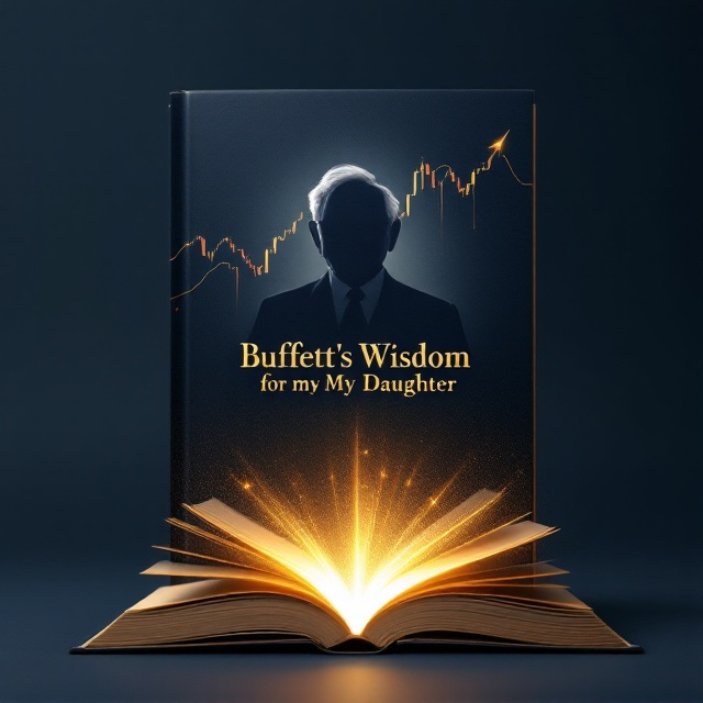 An abstract stock market graph flows upwards across a navy-blue background, interlaced with faint golden lines symbolizing growth and prosperity. At the center top, a subtle yet distinguished silhouette of Warren Buffett appears slightly embossed in dark grey with a glowing aura behind him. Below the silhouette, an open book with radiant golden light beams emerges, symbolizing the transference of wisdom.