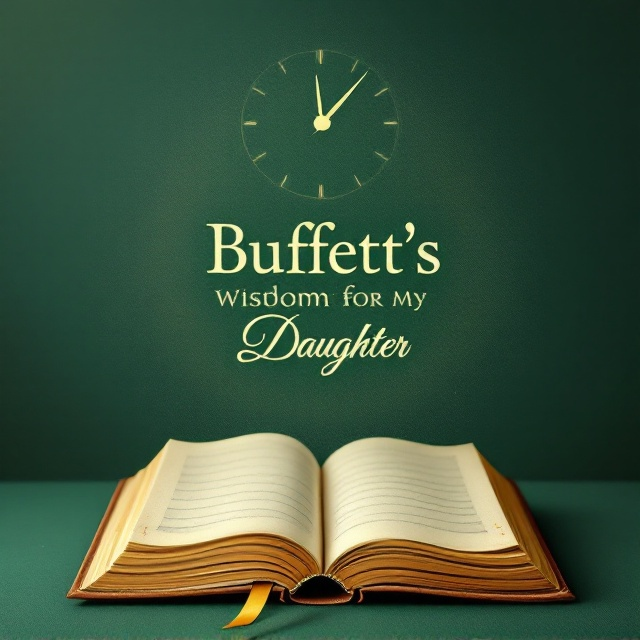 A vintage-style illustration of an open book with textured, off-white parchment pages set against a deep green background. The book appears slightly worn with golden edges and a golden bookmark peeking out. Subtly, the golden bookmark forms a silhouette resembling Warren Buffett’s iconic glasses. Above the book is a faint, semi-transparent image of a clock with moving hands incorporated into the parchment texture of the background, giving it a timeless feel.