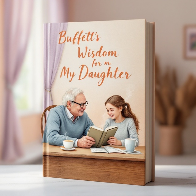 A heartwarming illustration of Warren Buffett and his daughter sitting at a wooden desk in a cozy room. Warren is depicted holding a book, while his daughter listens intently. There's a cup of steaming tea on the desk and a small framed photo in the background. Soft pastel hues dominate the scene – peach for the walls, lavender for the curtains, and soft blue for their clothing to evoke warmth and inspiration. Gentle pencil-sketch detailing enhances the charm and gives it a handwritten, personal feel.