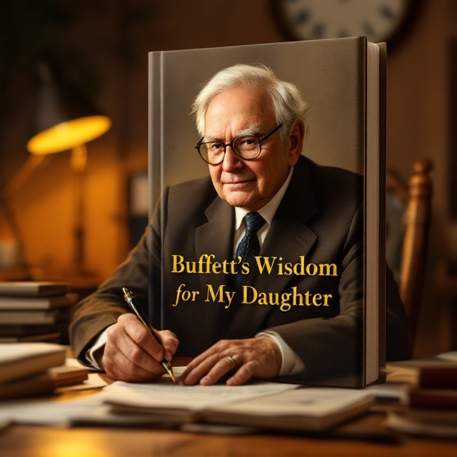 A softly lit, detailed illustration of Warren Buffett seated at a wooden desk. The desk contains key subtle elements a neatly stacked pile of books on one side, an elegant fountain pen held in his hand, and sheets of paper on which he appears to be writing. Behind him, a warm brown wall with a vintage clock placed just above eye level (showing a meaningful time like 523) adds character to the scene. A classic desk lamp emits a golden glow, softly illuminating Buffett's face and workspace, highlighting his reflective expression, full of wisdom and care. Warm beige and gold tones dominate the palette, with contrasts of rich brown for depth.