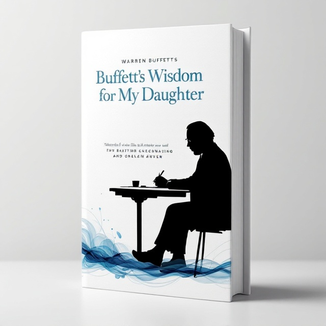 A single, bold black silhouette of Warren Buffett, seated at a desk in profile, depicted in the act of writing with a focused expression. The desk features flowing lines of ink extending outward, suggesting thought and wisdom spreading outward. The rest of the design maintains a minimalistic style, with plenty of clean white space surrounding the silhouette. A subtle light silver gradient is used to create a polished professional feel, with gentle transitions highlighting clarity.