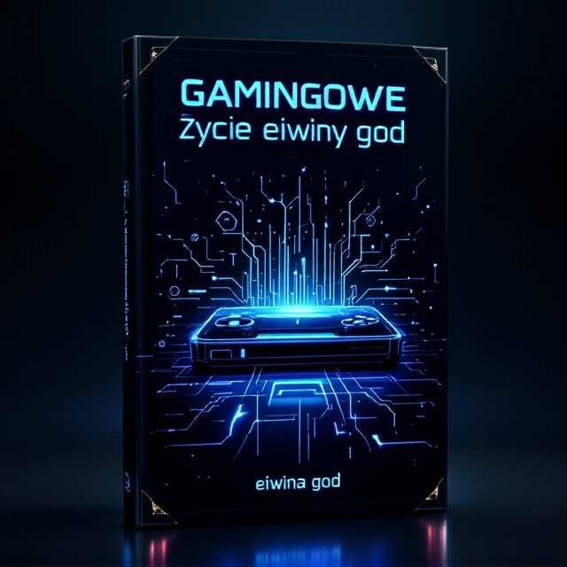 A dynamic black background showcasing a high-tech, futuristic gaming console glowing faintly in a neon blue palette. Around the console are abstract depictions of lightning bolts and swirling digital codes, suggesting action and adrenaline. The title "gamingowe życie eiwiny ᵍᵒᵈ" is displayed prominently at the top, while the author's name, "eiwina ᵍᵒᵈ," is subtly illuminated at the bottom. Subtle metallic silver accents frame the edges of the cover, adding to its powerful and modern feel.