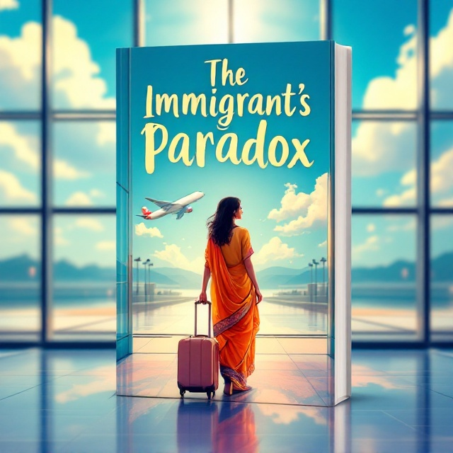 The cover features a vivid illustration of a young woman in a traditional Punjabi salwar suit standing center stage, partially turned to look back over her shoulder, a small yet sturdy suitcase held firmly in her hand. Behind her is a transparent airport gate showcasing a large glass facade through which an airplane is captured mid-flight in a clear blue sky peppered with soft, white clouds. The overall image radiates the anticipation and swirling emotions of embarking on a journey. The bottom of the scene is grounded with a subtle but rich blend of colors from a world map, blurred enough to symbolize both the enormity and the mystery of her travels.