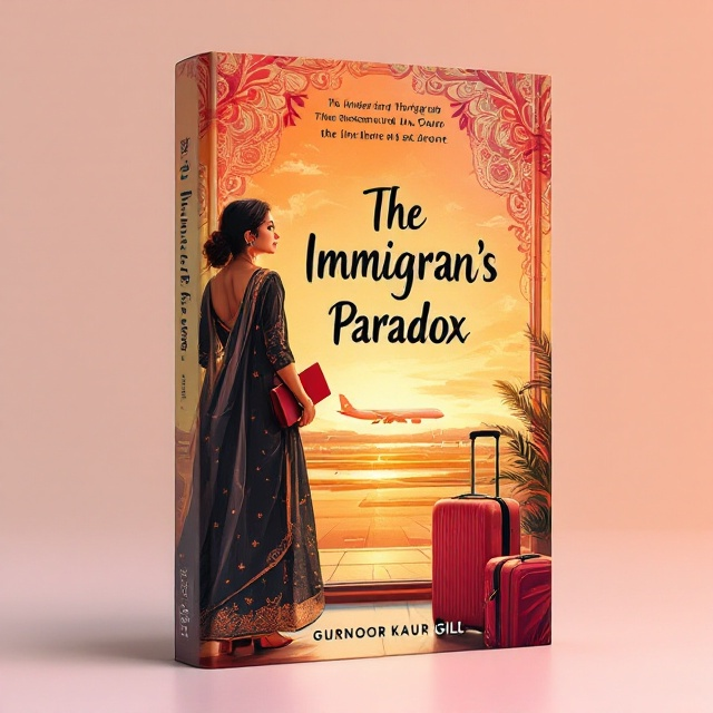 A vibrant and textured illustration featuring a young woman in a traditional black Punjabi salwar suit is positioned in the foreground. She is holding a suitcase in one hand while glancing over her shoulder, her other hand gripping a passport. In the background, the terminal windows of an airport reveal a plane ascending into a golden-hued sky, symbolic of new beginnings and hope. Subtle cultural motifs like mehendi patterns and paisleys are etched into the edges of the cover, blending modern minimalism with cultural depth. A soft gradient of rich amber to pastel pink creates an emotionally resonant backdrop.
