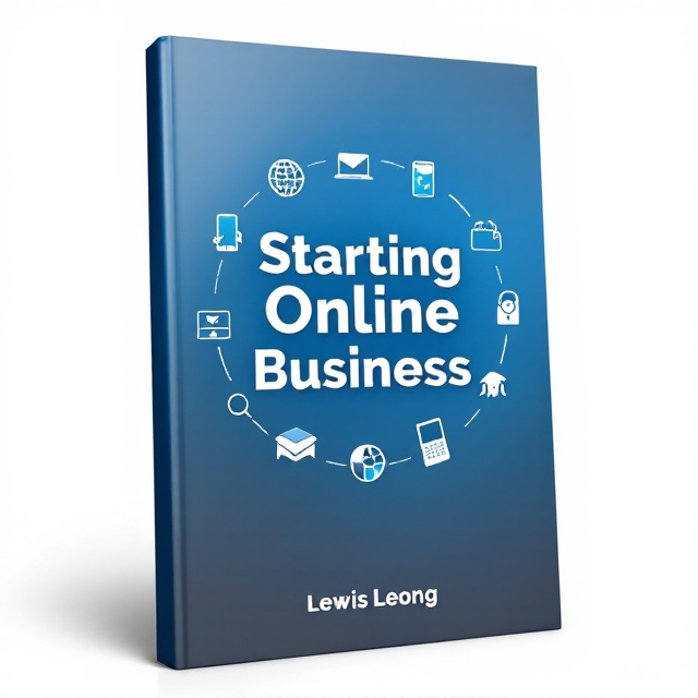 A sleek 3D book cover with a clean, white background to signify professionalism and clarity. The title "Starting Online Business" is featured prominently in the center, accompanied by subtle icons of digital tools (e.g., smartphone, laptop, shopping cart) arranged around it in a circular pattern, representing key components of online business. A blue gradient fades upward from the bottom of the cover, creating a sense of trust and reliability. The author's name "Lewis Leong" is displayed smaller below the title.