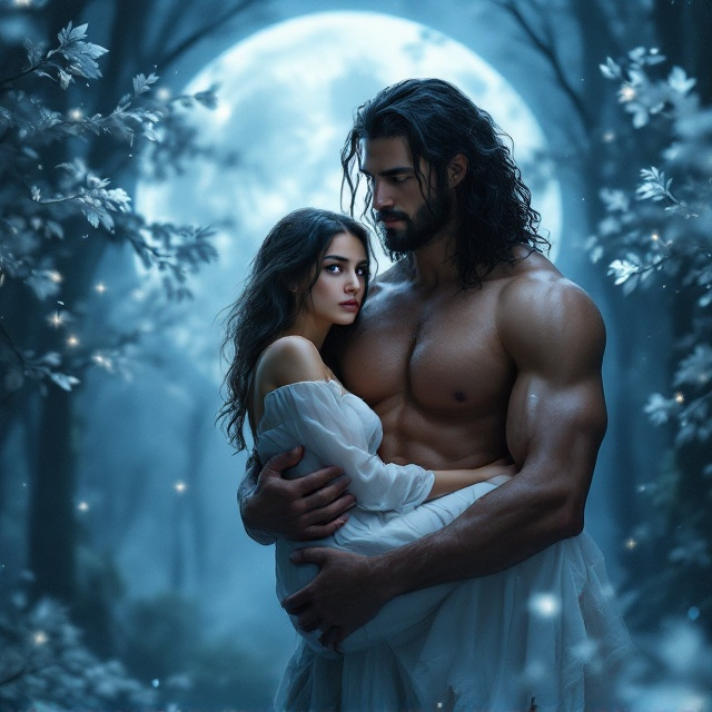 A dreamy mystical forest sets the background, featuring tall, ethereal trees with glowing silver leaves, bathed in the soft light of a gigantic full moon. The moonlight casts a bluish, magical aura over the entire scene. In the foreground, a tall, shirtless, muscular man with long curly black hair holds a small, petite woman tightly in his arms. The woman gazes outward with worry and vulnerability in her eyes, while the man looks alert and protective, his gaze directed slightly to the side as if sensing danger. The man’s toned, glimmering body subtly reflects the moonlight, giving him an almost supernatural aura. The petite woman wears a simple yet elegant white dress that looks slightly torn, adding to the emotions of worry and panic. The man and woman are slightly off-center towards the lower right, drawing the eyes toward them while leaving space for the title and author’s name.