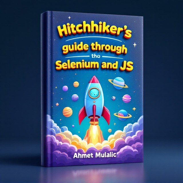 A cheerful illustration of a rocketship blasting off into outer space, surrounded by planet-like icons of JavaScript and Selenium logos orbiting it. The background is a gradient of bright blue transitioning into a cosmic deep purple, sprinkled with stars. A playful, cartoonish robot (representing automation) waves happily from the rocket's window.