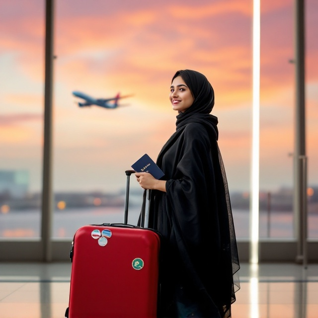 A young Indian woman wearing a traditional black Punjabi salwar suit stands confidently in the foreground. Her suitcase is vibrant red, adding a pop of boldness against her attire. The suitcase has stickers from different countries as symbols of her journey. She holds a passport in her left hand and looks over her shoulder, smiling faintly with mixed emotions of hope and uncertainty. Behind her, airport terminal windows reveal a plane ascending into a sky with a gradient of rich amber transitioning into pastel pink, representing new beginnings. The cover's edges are accented by intricate mehendi designs and subtle paisley elements, providing cultural nuance while keeping modern design sensibilities.