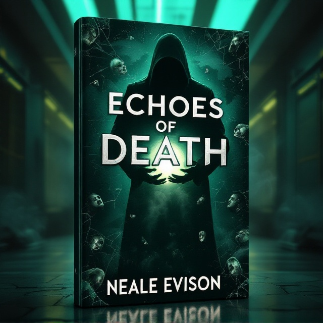 A dark, moody background of a dimly lit secret laboratory illuminated by eerie greenish fluorescent light. In the foreground, a tall shadowy figure is shown partially in silhouette, holding a glowing orb that represents the essence of body-swapped lives. In the background, faint outlines of a mysterious world map appear, symbolizing the motif of world domination. Broken glass fragments hover on the cover, reflecting distorted human faces — some looking fearful, others menacing. Wisps of smoke add an air of secrecy and suspense.